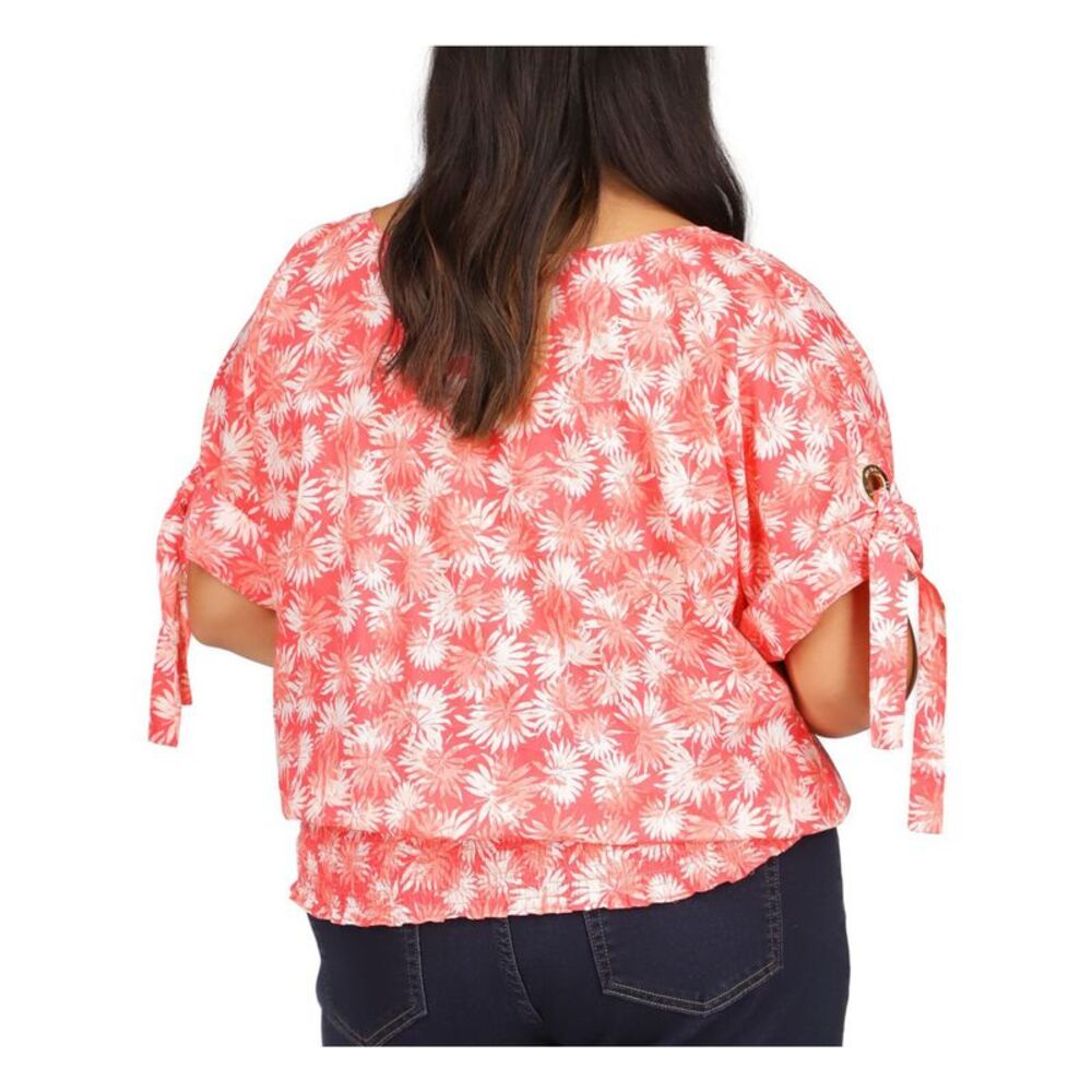 MICHAEL MICHAEL KORS Womens Coral Tie Grommet Kimono Sleeve Top Plus 2X - Picture 2 of 4